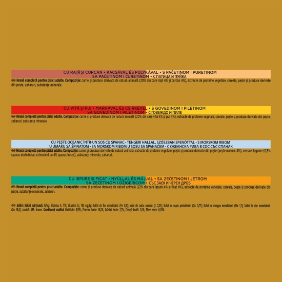 Hrană umedă pentru pisici, 4x85g, Multipack vită + pui, iepure + ficat, pește oceanic în sos cu spanac, rață + curcan