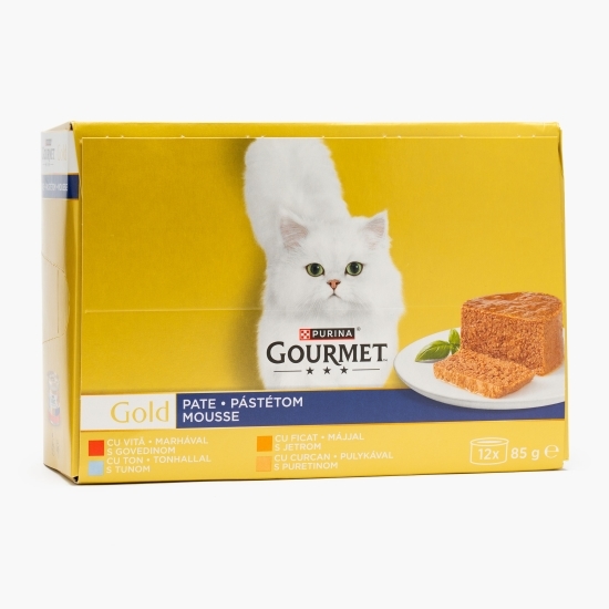 Hrană umedă pentru pisici Pate Mousse Gourmet Gold, 12x85g, mix de arome (ton, curcan, ficat și vită)
