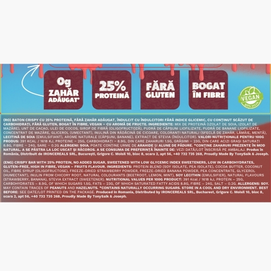 Baton crispy cu aromă de fructe, 25% proteină, fără zahăr adăugat, 40g