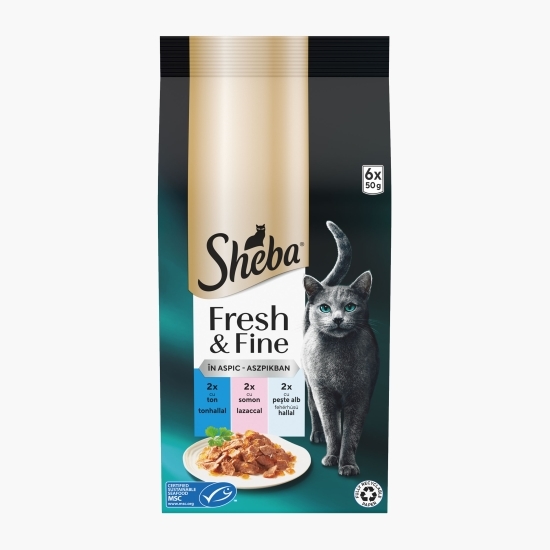 Hrană umedă pentru pisici, 6x50g, Fresh & Fine cu ton, somon și pește alb, în aspic