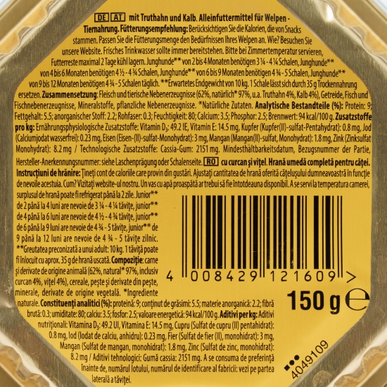Hrană umedă pentru câini Junior 150g, cu curcan și vițel