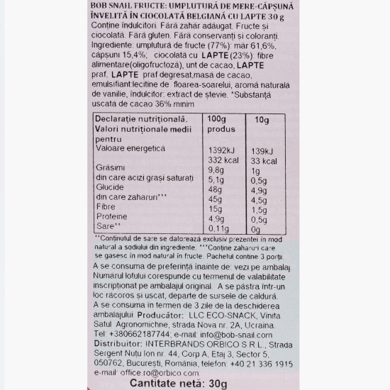 Dulciuri naturale fără zahăr din mere și căpșuni trase în ciocolată cu lapte belgiană 30g