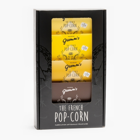 Cutie cadou 4 pliculețe popcorn cu ciocolată neagră 120g