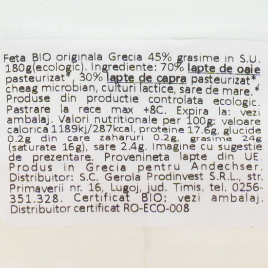 Brânză Feta eco originală Grecia 45% grăsime 180g 