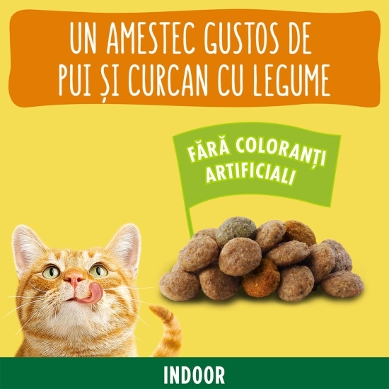 Hrană uscată pentru pisici adulte indoor, 1.5 kg, cu pui și legume