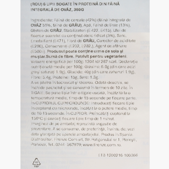 Lipii bogate în proteină din făină integrală de ovăz, 6 buc, 360g