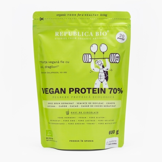 Pulbere proteică ecologică Vegan Protein 70%, cu gust de ciocolată, 600g
