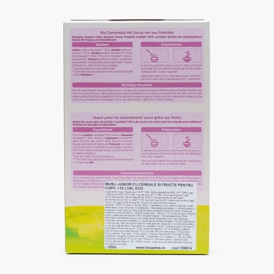 Musli junior BIO cu cereale și fructe pentru copii, +10 luni, 250g