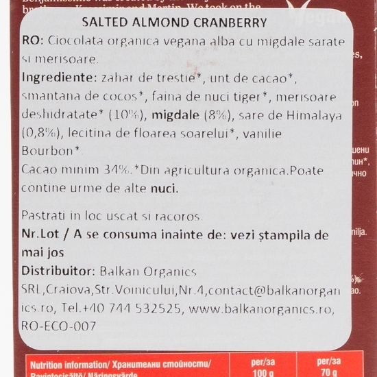 Ciocolată albă eco Salted almonds&Cranberry 70g