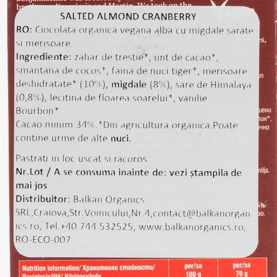 Ciocolata albă eco Salted almonds&Cranberry 70g