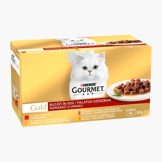 Hrană umedă pentru pisici, 4x85g, Multipack cu vită/curcan și rată/somon și pui/pui și ficat