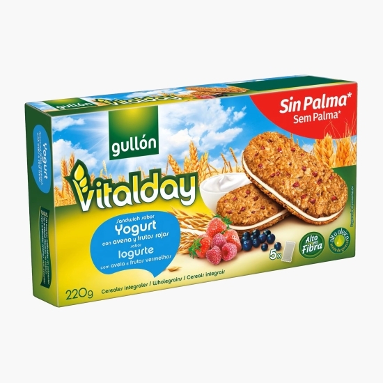 Biscuiți sandwich cu fulgi de ovăz, fructe roșii și cremă de iaurt Vitalday, 220g