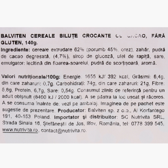 Cereale biluțe crocante cu cacao, fără gluten 140g