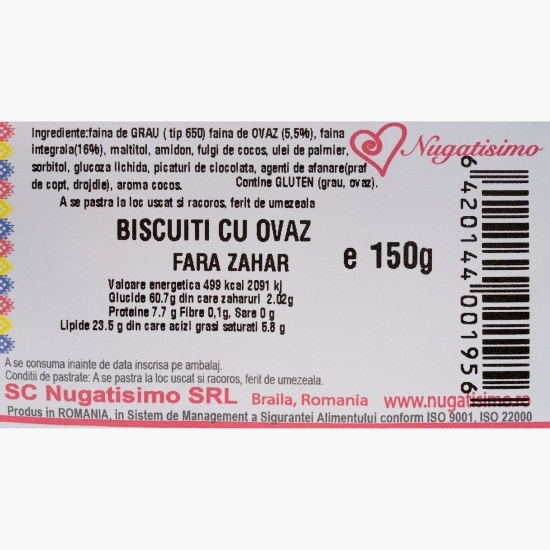 Biscuiți cu ovăz, fără zahăr, 150g