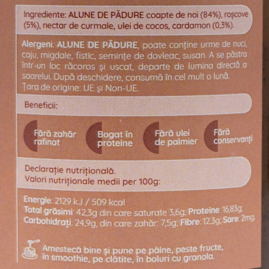 Cremă de alune de pădure cu roșcove și cardamon, fără zahăr, 300g