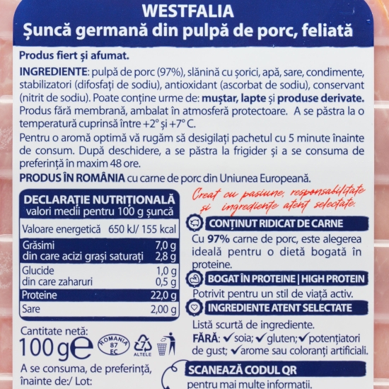 Șuncă germană Westfalia feliată 100g