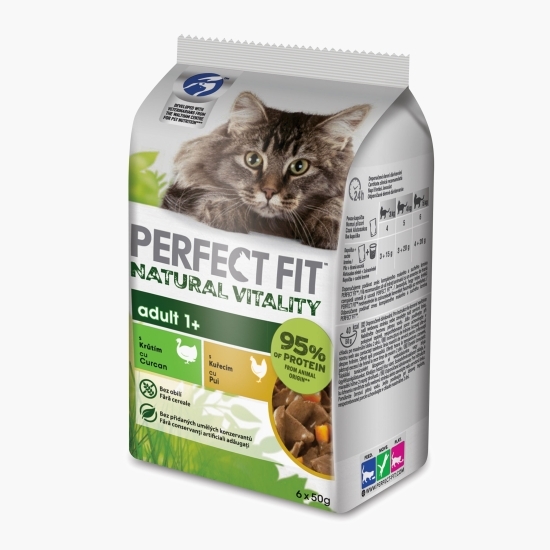 Hrană umedă pentru pisici adulte 1+, 6x50g, Natural Vitality cu pui și curcan 