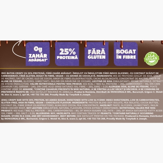 Baton crispy cu aromă de ciocolată, 25% proteină, fără zahăr adăugat, 40g