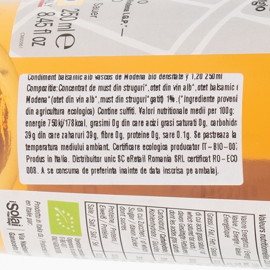 Condiment balsamic alb vâscos de Modena eco, densitate ≈ 1.20, 250ml