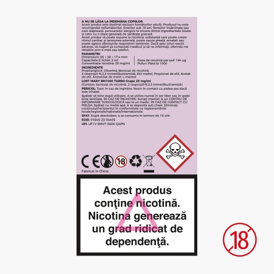 Țigară electronică de unică folosință BM1000 Turbo Grape, 2ml, 2% nicotină, 1000 pufuri