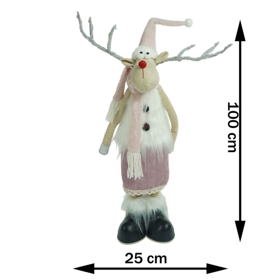 Ornament de Crăciun ren cu picioare telescopice, roz/alb, textil, 100 cm