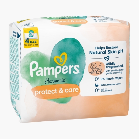 Șervețele umede pentru bebeluși Harmonie Protect & Care, 4 pachete x 44 buc, 176 buc