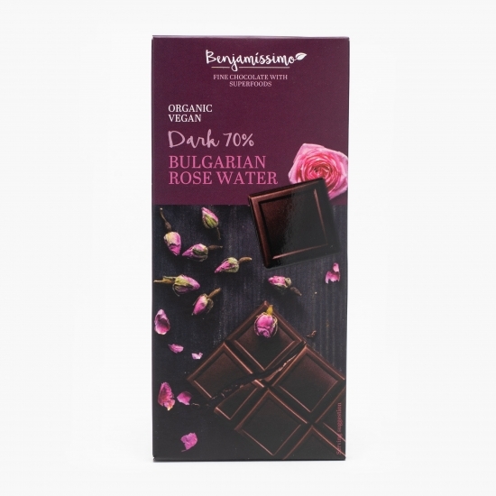 Ciocolată neagră eco vegană cu 70% cacao și ulei de trandafiri 70g