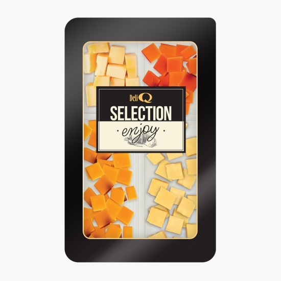 Selecție mix cu Cheddar alb maturat, Gouda, Mimolette, brânză cu roșii și chili 200g