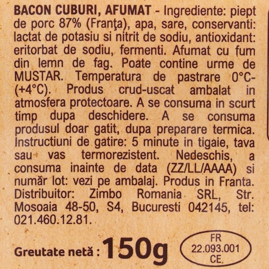 Bacon afumat cuburi Lardons 150g