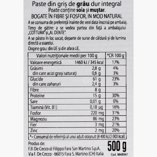 Paste integrale Penne Rigate, 500g
