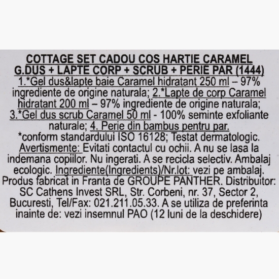 Set cadou Caramel coș: gel de duș 250ml + lapte de corp 200ml + scrub 50ml + perie de păr