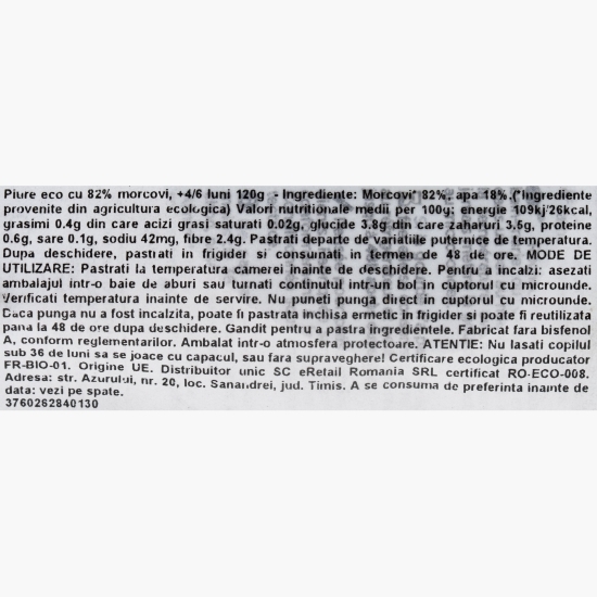 Piure eco cu 82% morcovi, +4/6 luni, 120g