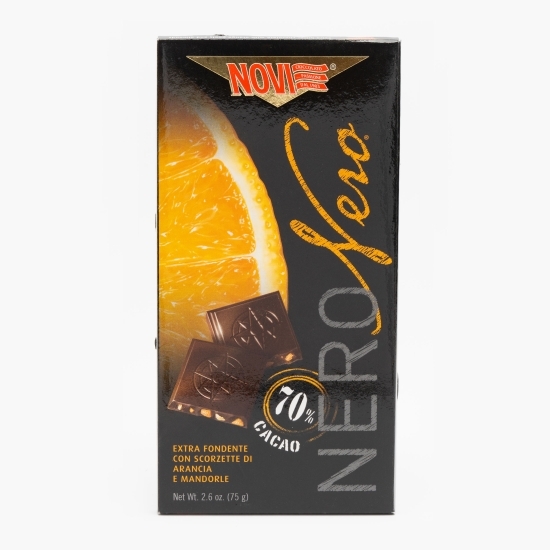 Ciocolată neagră extra cu 70% cacao, portocale și migdale 75g 