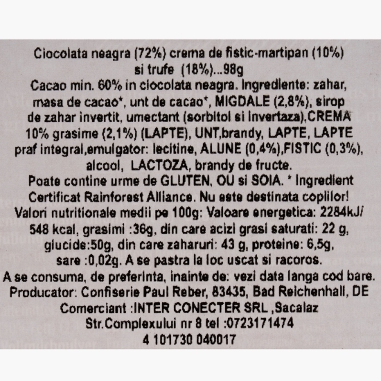 Ciocolată neagră cu cremă de fistic și migdale Mozart, 98g