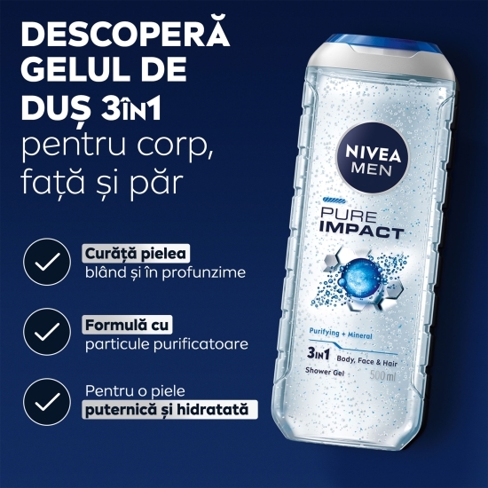 Gel de duș bărbați Pure Impact, 3 în 1, pentru corp, față și păr 0.5l