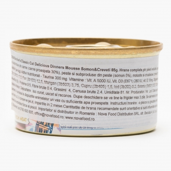 Hrană umedă pentru pisici, mousse, 85g, cu somon și creveți