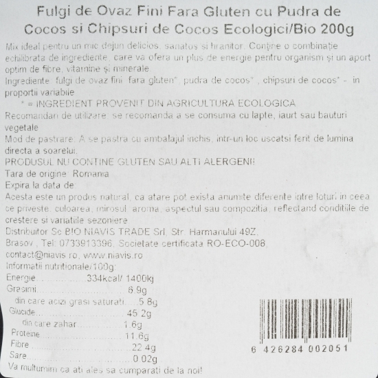 Fulgi de ovăz fini eco, fără gluten, cu pudră de cocos și chipsuri de cocos 200g