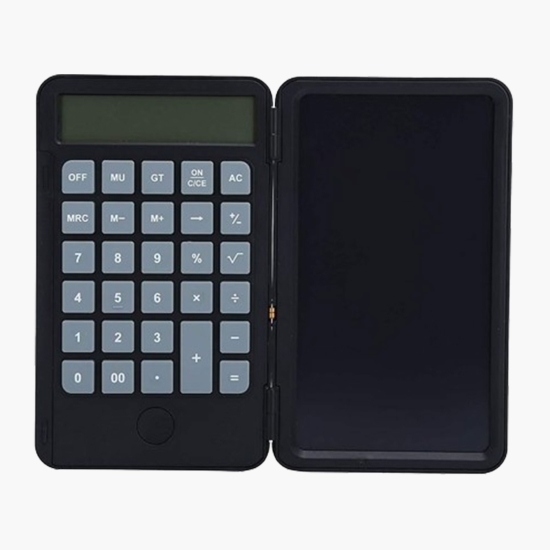 Calculator de mână reîncărcabil, cu tablă de scris, negru