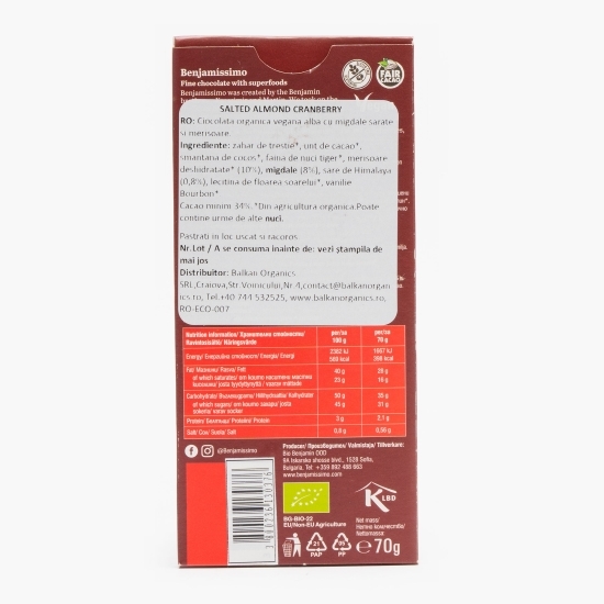 Ciocolată albă eco Salted almonds&Cranberry 70g