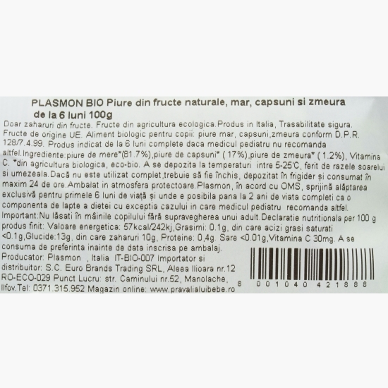 Piure eco de căpșuni, zmeură și măr 100g