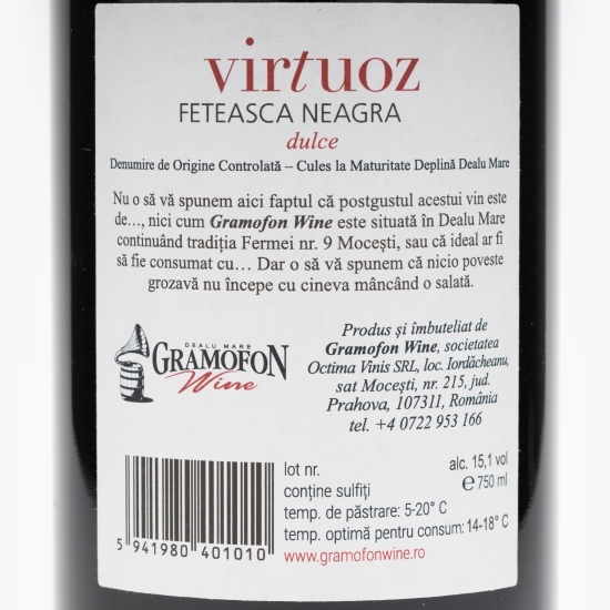 Vin roșu dulce Virtuoz Fetească Neagră, 15.1%, 0.75l