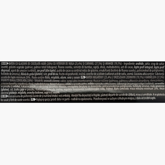 Baton cu glazură de ciocolată albă și interior cu arahide, caramel și nuga 36g