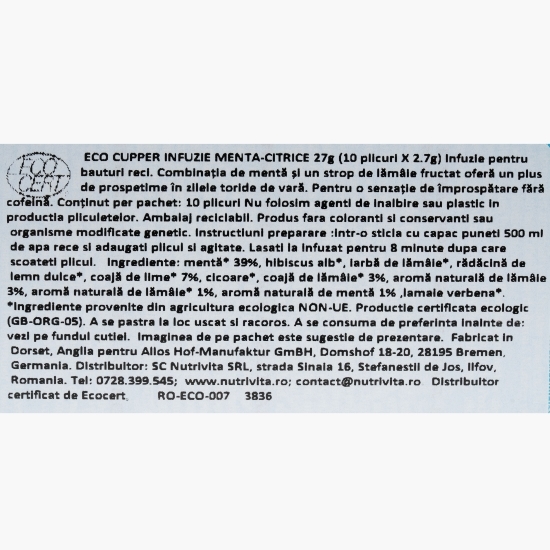 Ceai rece eco cu mentă și citrice, 10 plicuri, 27g