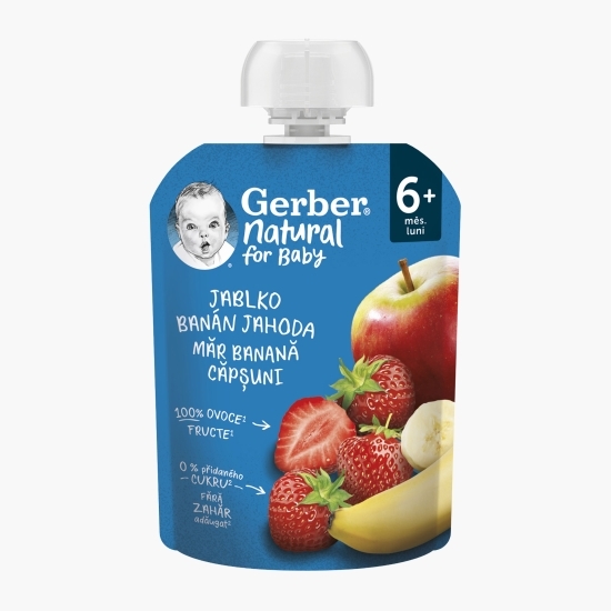 Piure natural de măr, banană și căpșuni, +6 luni, 90g
