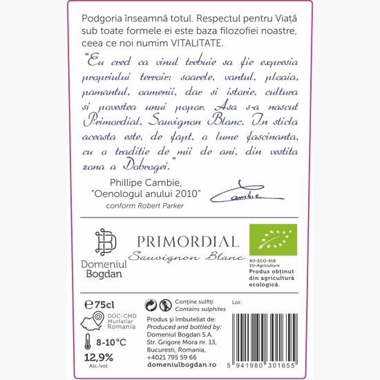 Vin alb sec eco Primordial Sauvignon Blanc, 12.9%, 0.75l