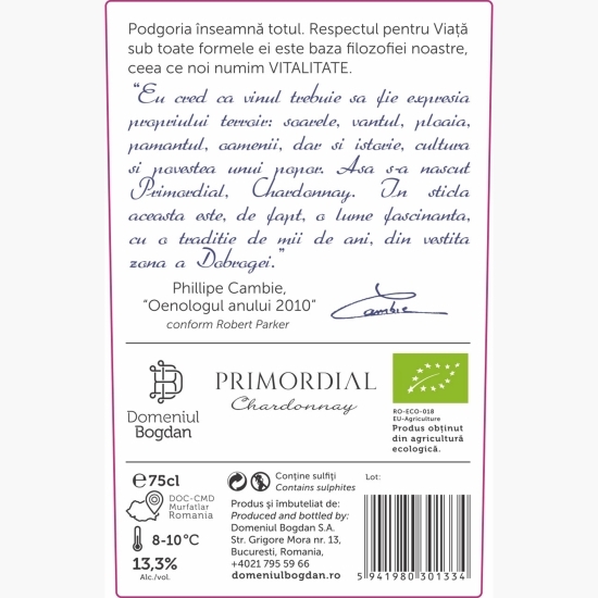 Vin alb sec Primordial Chardonnay, 13.3%, 0.75l