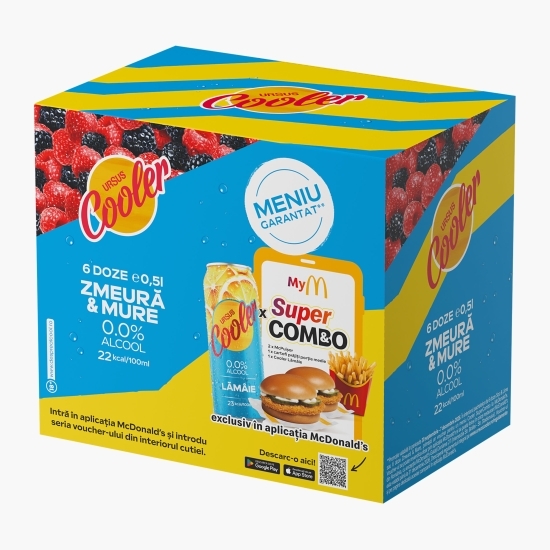 Bere fără alcool cu aromă de zmeură și mure, doză 6x500ml + voucher McDonald's