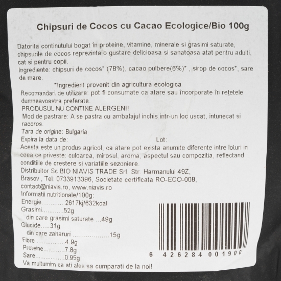 Chipsuri de cocos cu cacao ecologice 100g