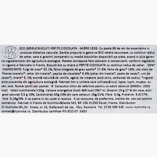 Biscuiți eco cu bucățele de ciocolată și miere 132g
