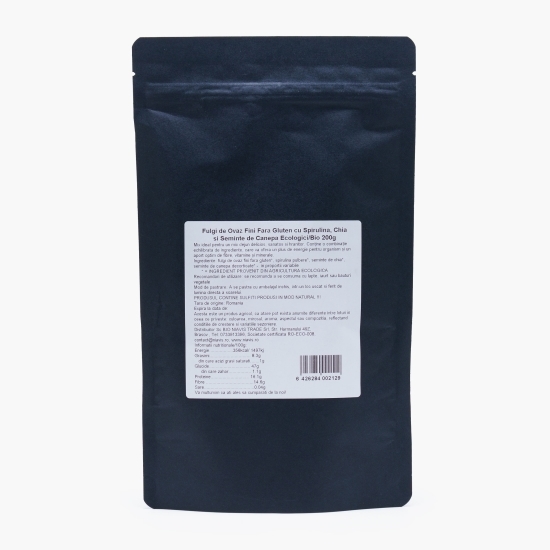 Fulgi de ovăz fini ECO, fără gluten, cu spirulină, semințe de chia și semințe de cânepă 200g